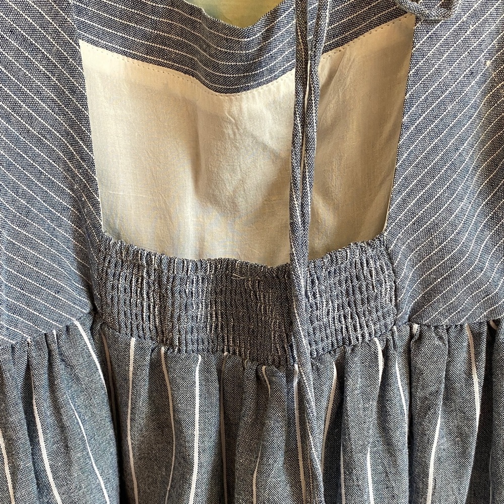 Free People blue and white Striped Mini Dress open back puff sleeves denim like - Picture 9 of 12